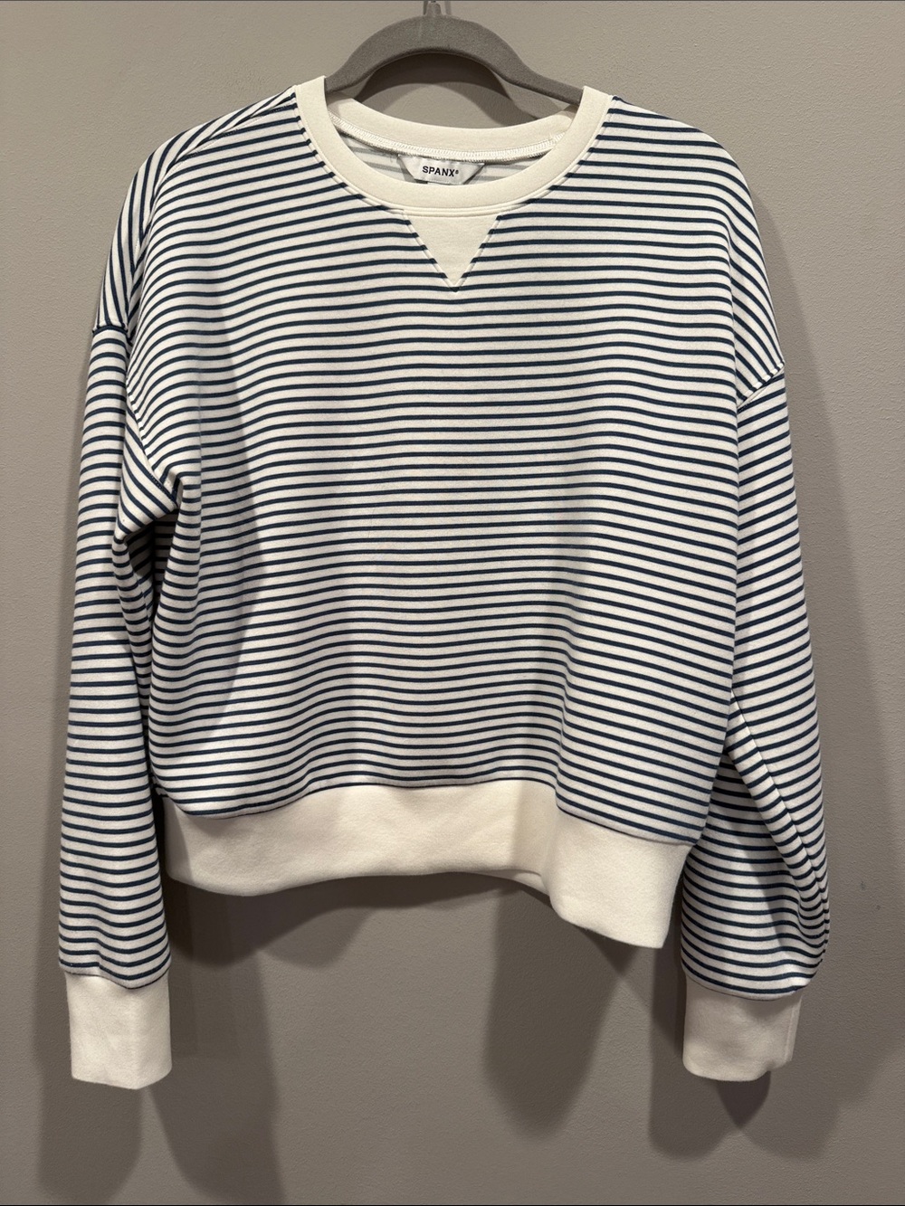 SPANX White and Navy Striped Crew Sweatshirt- small